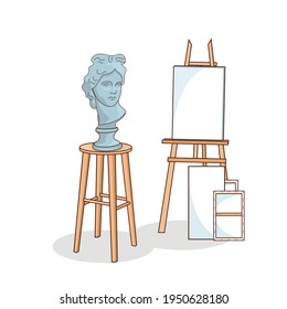 Art materials, easel and canvas for drawing. Plaster head of David. Drawing on canvas with paints. Isolated objects, design elements, print, vector illustration.Background.