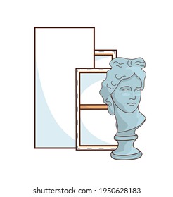 Materiales de arte, caballete y lienzo para dibujar. Cabeza de yeso de David. Dibujo en lienzo con pinturas. Objetos aislados, elementos de diseño, impresión, ilustración vectorial.Fondo.