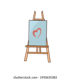 Art materials, easel and canvas for drawing. Drawing on canvas with paints. Isolated objects, design elements, print, vector illustration.