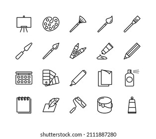 Art materials flat line icons set. Painting and Writing Tools - Brushes, Spray, Color palette, Paint Bucket and more. Simple flat vector illustration for web site or mobile app.