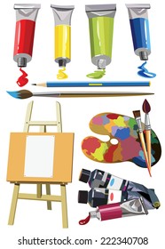 Art materials icons set easel paint palette