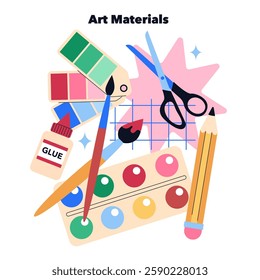 Art materials illustration showcasing essential tools for creative projects. Includes paint palettes, brushes, scissors, and glue to inspire artistic expression. Perfect for workshops and educational