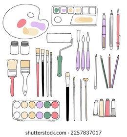 Art materials, line drawing set brushes for painting and calligraphy, colours, pencils. Hand drawn vector illustration