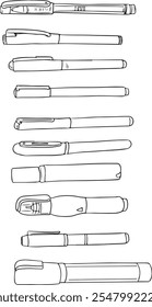 art materials, line drawing set of pens and pencils, hand drawn vector illustration - black line vector set