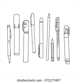 art materials, line drawing set of pens and pencils, hand drawn vector illustration