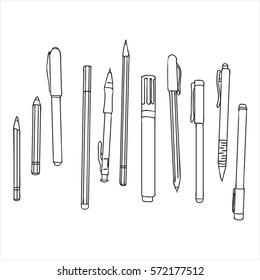 art materials, line drawing set of pens and pencils, hand drawn vector illustration