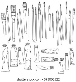 art materials, line drawing set of squirrel,bristle and synthetic brushes for painting and calligraphy and tubes of paint, hand drawn vector illustration