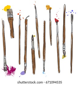 art materials, line drawing set of squirrel,bristle and synthetic brushes for painting and calligraphy, hand drawn vector illustration