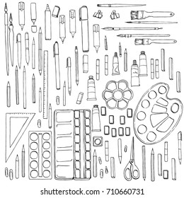 art materials, line drawing set of squirrel,bristle and synthetic brushes for painting and calligraphy and pencils, hand drawn watercolor illustration