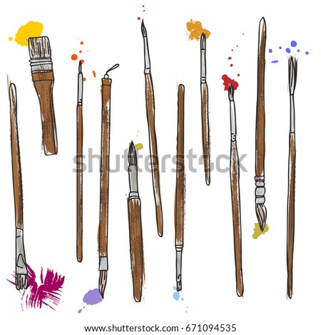 art materials, line drawing set of squirrel,bristle and synthetic brushes for painting and calligraphy, hand drawn vector illustration