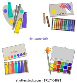 Art materials: palette, paint tube and paint brush