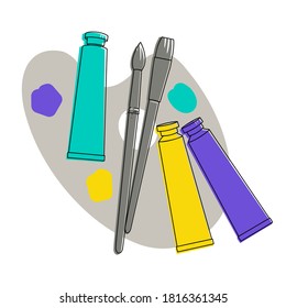 Art materials: palette, tubes of paint and brushes. Isolated on a white background.