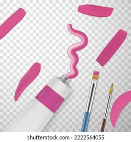 Art materials pink oil paint in tube with smear brushes isolated on transparent background realistic vector illustration. Creative class artistic education with paintbrushes drawing craft supplies