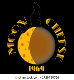 logotipo negro mínimo de arte con queso de luna con silueta de gato sobre fondo negro