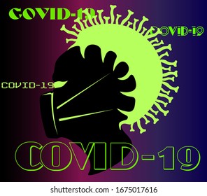 art minimal logo of a coronavirus pandemic with a silhouette of a human head in a mask with the virus that captured it