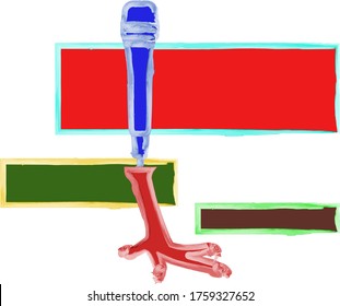 art minimalism of three multi-colored rectangles and chicken leg with a microphone

