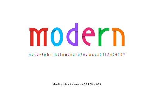 Art modern font alphabet made bright style, lowercase letters A to Z and numerals 0 to 9, vector illustration 10EPS.