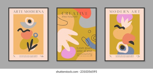 Afiches vectoriales modernos con formas orgánicas dibujadas a mano, texturas y doodles.Ilustraciones contemporáneas de moda para impresiones, volantes, carteles, invitaciones, diseño de marca, cubiertas, decoración doméstica