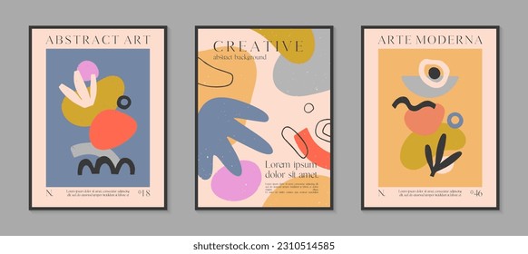 Afiches vectoriales modernos con formas orgánicas dibujadas a mano, texturas y doodles.Ilustraciones contemporáneas de moda para impresiones, volantes, carteles, invitaciones, diseño de marca, cubiertas, decoración doméstica