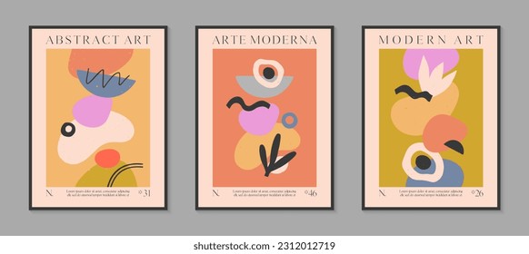 Afiches vectoriales modernos con formas orgánicas dibujadas a mano, texturas y doodles.Ilustraciones contemporáneas de moda para impresiones, volantes, carteles, invitaciones, diseño de marca, cubiertas, decoración doméstica