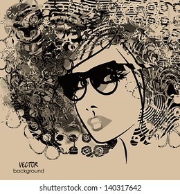 art monochrome black sketching beautiful girl face with funky curly hair and glass on sepia background in vector. Raster version is also in my gallery.