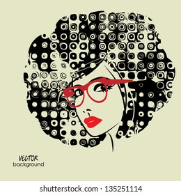 art monochrome black sketching vector girl face with red lips, funky curly hair and glass symbols with space for text