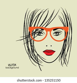 art monochrome black sketching vector girl face with red lips and glass symbols with space for text