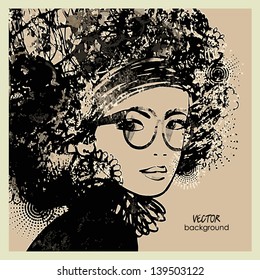 art monochrome sketched vector girl face with glass and funky curly hair symbols in black graphic with space for text. Raster version is also in my gallery.