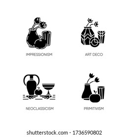 Art movements black glyph icons set on white space. Modern and classical paintings exhibition. Impressionism, primitivism and neoclassicism styles. Silhouette symbols. Vector isolated illustration