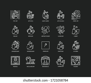 Art movements chalk white icons set on black background. Still life artwork in medieval, modern styles. Impressionism, expressionism and realism painting. Isolated vector chalkboard illustrations