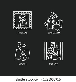 Art movements chalk white icons set on black background. Surrealism and cubism styles. Medieval portrait and pop art still life paintings. Isolated vector chalkboard illustrations