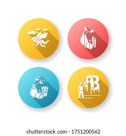 Art movements flat design long shadow glyph icons set. Avant garde and classicism cultural periods. Street art. Futurism style still life painting. Silhouette RGB color illustration