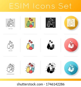 Art movements icons set. Modern and classical paintings exhibition. Pop art, expressionism and realism styles. Linear, black and RGB color styles. Isolated vector illustrations