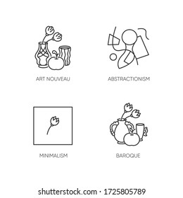 Art movements pixel perfect linear icons set. Modern paintings exhibition. Customizable thin line contour symbols. Isolated vector outline illustrations. Editable stroke
