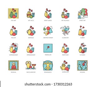 Art movements RGB color icons set. Still life artwork in medieval, modern styles. Impressionism, expressionism and realism painting. Isolated vector illustrations