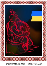 art mural with a red stylized image of a Ukrainian Cossack with a traditional musical instrument bandura and a flag on a black background and a frame from national embroidery. vector