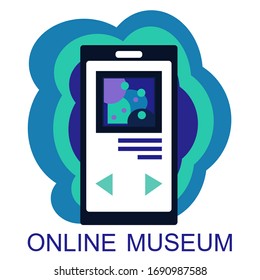 Art Museum Mobile Guide. Interactive gallery excursion. Smartphone Application for Tourists. Visit the museum online. Stay at home. Colorful vector illustration in flat style.