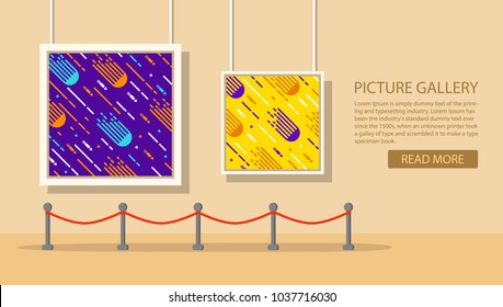 Art Museum Of Modern Painting.Interior Of An Abstract Exhibition.Picture Art Gallery.The Picture Hangs On A Wall In A Frame.A Concept Design Banner Websites.A Template With Geometrical Shape For Ad. 