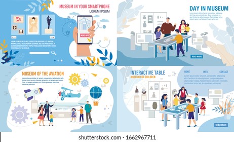 Art Museum Smartphone Application, Natural History and Aviation Museum, Interactive Table Technology Solution Web Banner, Landing Page Set. People Visiting Exhibition Trendy Flat Vector Illustration