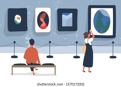 Art museum visitors flat vector illustration. Modern picture exhibition, painting exposition. Art lovers cartoon characters. Gallery hall interior. Cultural leisure, artwork admiring.