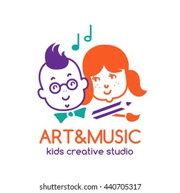Art and music children studio logo design. EPS 10 vector template. Isolated on white. 