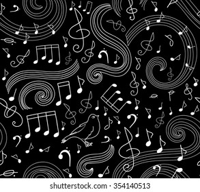 Art musical seamless vector pattern with notes and singing birds