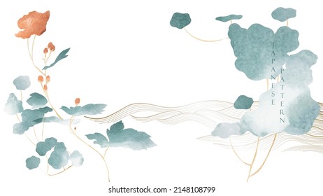 Art natural background design with hand drawn flower element. Japanese wave pattern with watercolor texture vector. Branch with leaves decoration template in vintage style. 