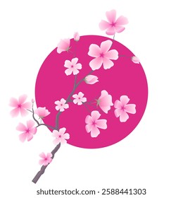 Art natural background with sakura. Branch with leaves and flower decoration in Japanese and asian style. Vector floral petals with moon element