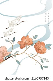 Diseño de pancartas naturales de arte con elementos de pájaros de grúa. Fondo japonés con vector de textura acuarela. Rama con flores y decoración de hojas de estilo vintage. Objeto natural dibujado a mano.