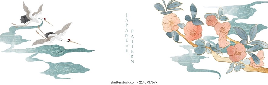 Art natural banner design. Japanese background with watercolor texture vector. Branch with floral ,leaves and cloud decoration in vintage style. Hand drawn crane birds element.