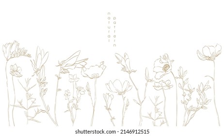 Art natural banner design. Japanese background vector. Branch of floral and leaves decoration in vintage style. Hand drawn natural element in luxury style.