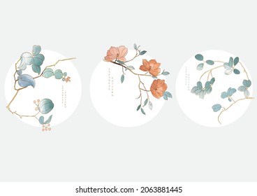 Art natural icon and logo design. Japanese background with watercolor texture vector. Branch with leaves decoration in vintage style. 