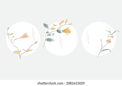 Icono natural del arte y diseño de logotipo. Fondo japonés con vector de textura acuarela. Rama con decoración de hojas florales y verdes de estilo vintage. 