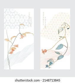 Art natural invitation card design. Japanese background with watercolor texture vector. Branch of leaves decoration with geometric pattern in vintage style. 